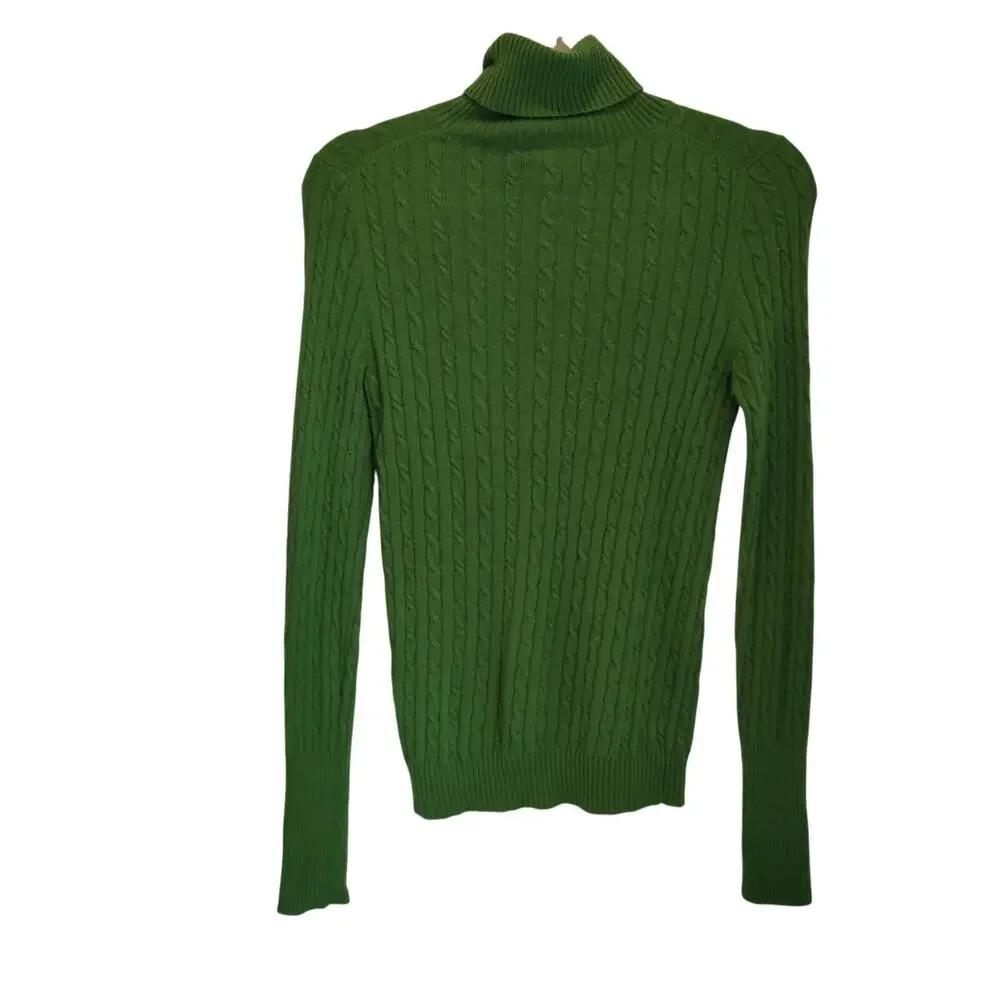 J. Crew Y2K Womens Sz S Green Cable Knit Turtleneck Sweater Wool Cashmere Fitted